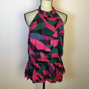 Nine West Peplum Blouse Top XL Womans Pink Teal Geometric Halter Elastic Waist
